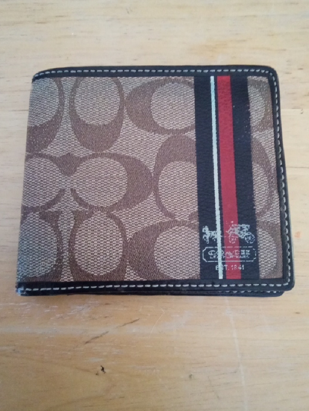 Coach Men's Signature Leather Wallet in Brown with Red&Black Stripe
